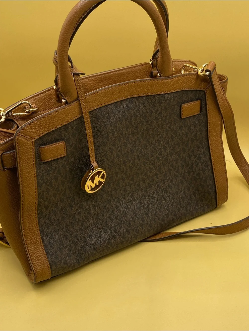 Michael Kors Brown Monogram and Leather Satchel with Gold Hardware - Picture 4 of 4